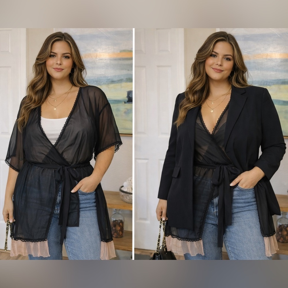 Cacique Sheer Lace Kimono Robe Black 18/20 Layering Cardigan Slip Dress Overlay